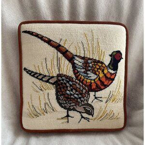 Throw Pillow Needlepoint Pheasant‎ Gamebird Velvet Back 13.25"x13.25" Vintage